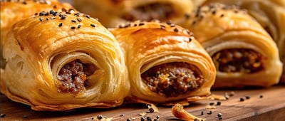 Golden, flaky pastries filled with savory meat and garnished with black sesame seeds, resting on a wooden surface.