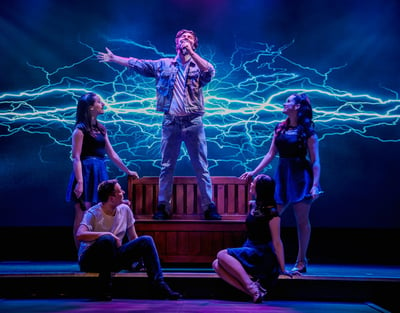 A dynamic stage scene featuring a performer gesturing passionately, surrounded by three seated dancers against a vibrant lightning backdrop.