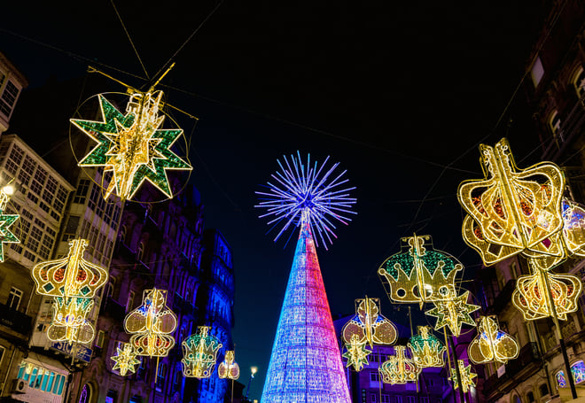 Christmas lights in a town