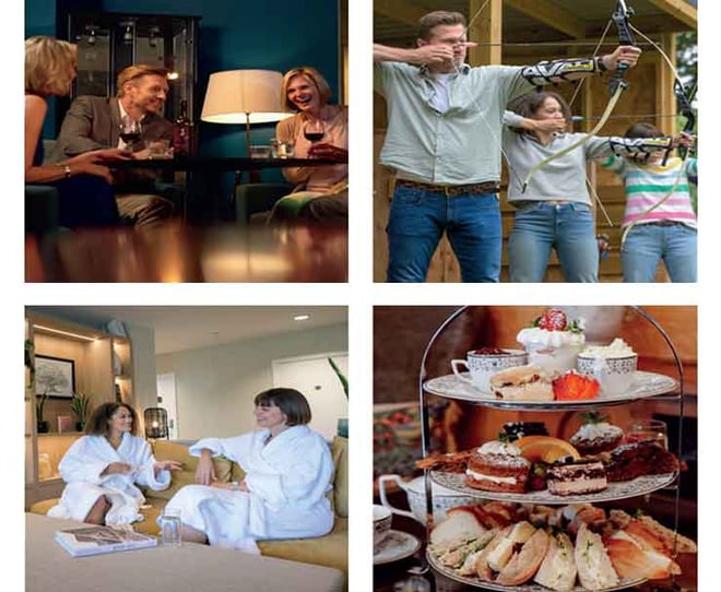 A collage of four scenes featuring people having a drink in a stylish hotel atmosphere, an afternoon tea tray, a group of people doing archery and two women in bathrobes chatting in the spa lounge