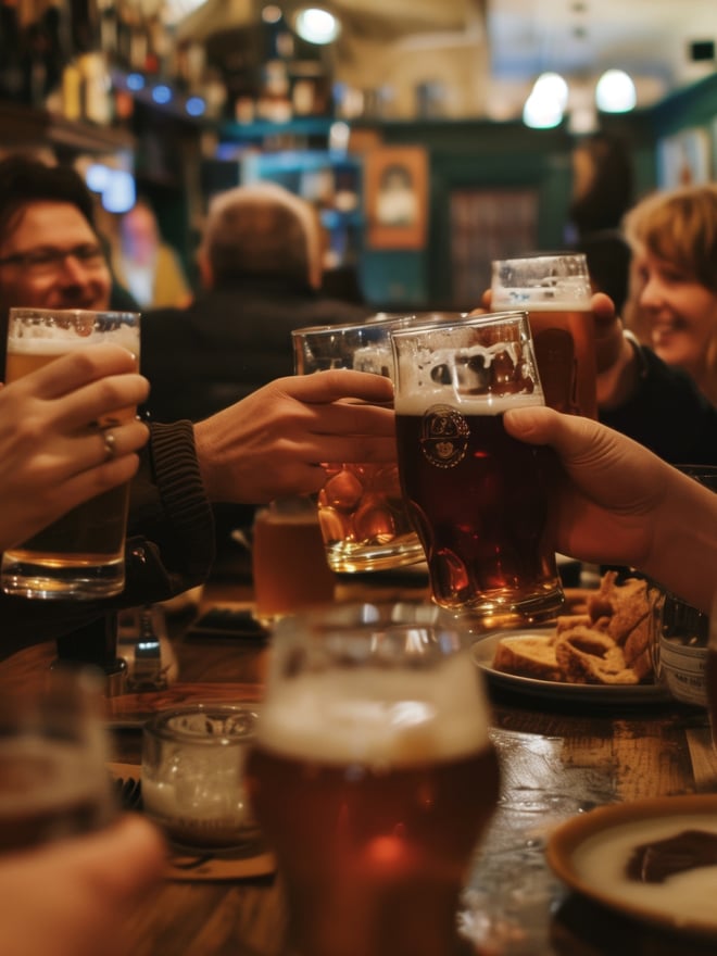 People toast with pints of beer as they smile and celebrate together