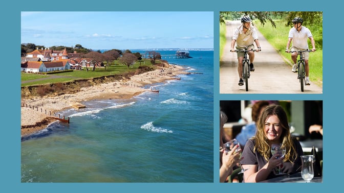 A collage of images: The beautiful coastal view of Bembridge Coast on the Isle of Wight, two friends enjoying a bike ride, and a women enjoying a drink in the sun.