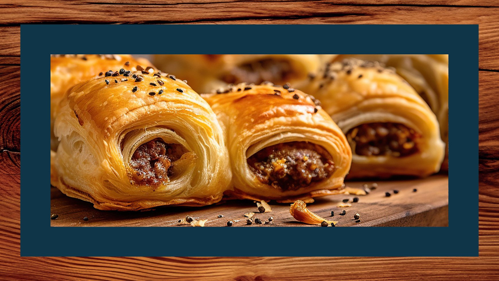 Golden flaky pastry rolls filled with a savory meat mixture, garnished with black sesame seeds, resting on a wooden surface