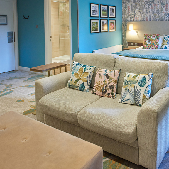 A love seat sofa found inside a large Signature room inside the newly refurbished Thoresby Hall