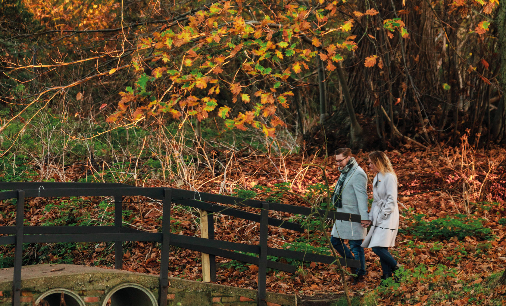 A couple walks hand-in-hand over a wooden bridge surrounded by autumn foliage and fallen leaves.